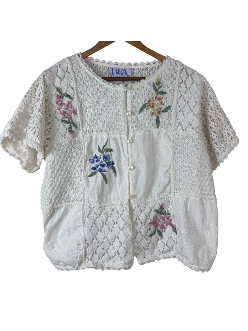 BFA Classics Vintage Crochet Embroidery Top Size XL Floral Open Knit Grannycore